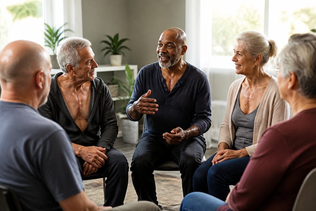 A diverse group of adults sitting in a circle in a bright, comfortable room, some with visible surgical scars, engaged in warm conversation and supportive listening