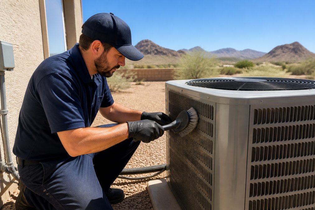 Technician cleaning dust from a heat pump condenser in a desert climate to improve system longevity.
