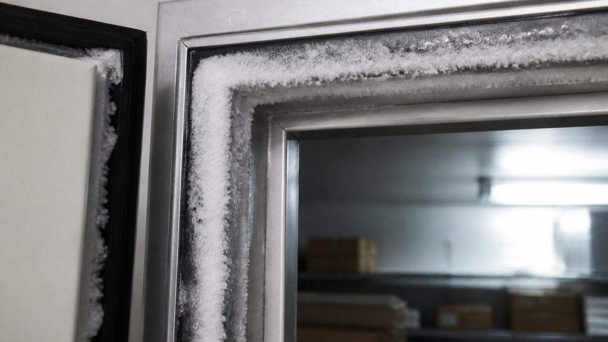 Close-up of a walk-in freezer door frame showing visible frost accumulation and ice buildup on the frame edges and magnetic gasket seal, demonstrating the problem heated frames prevent