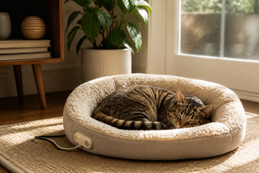 A senior tabby cat curled up asleep on a soft plush heated bed in a sunny living room corner, eyes closed, relaxed posture, warm afternoon light through a window