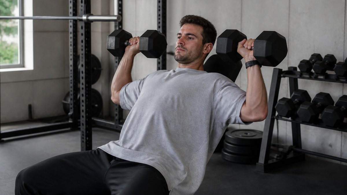 A person in a heavy cotton oversized t-shirt performing a dumbbell press in a minimalist gym, focused expression, natural lighting