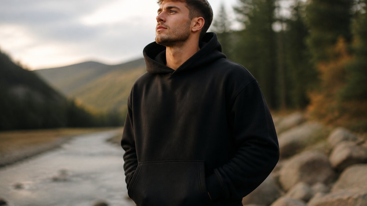 A young adult wearing a black heavyweight hoodie with a subtle faith-based design, standing outdoors in natural light, looking confidently forward with a relaxed expression