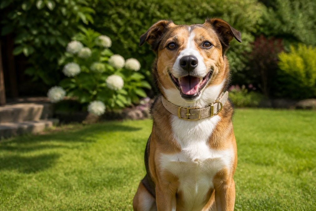 A happy medium-sized dog wearing a natural-coloured hemp collar, sitting in a sunlit garden with green grass, looking at the camera