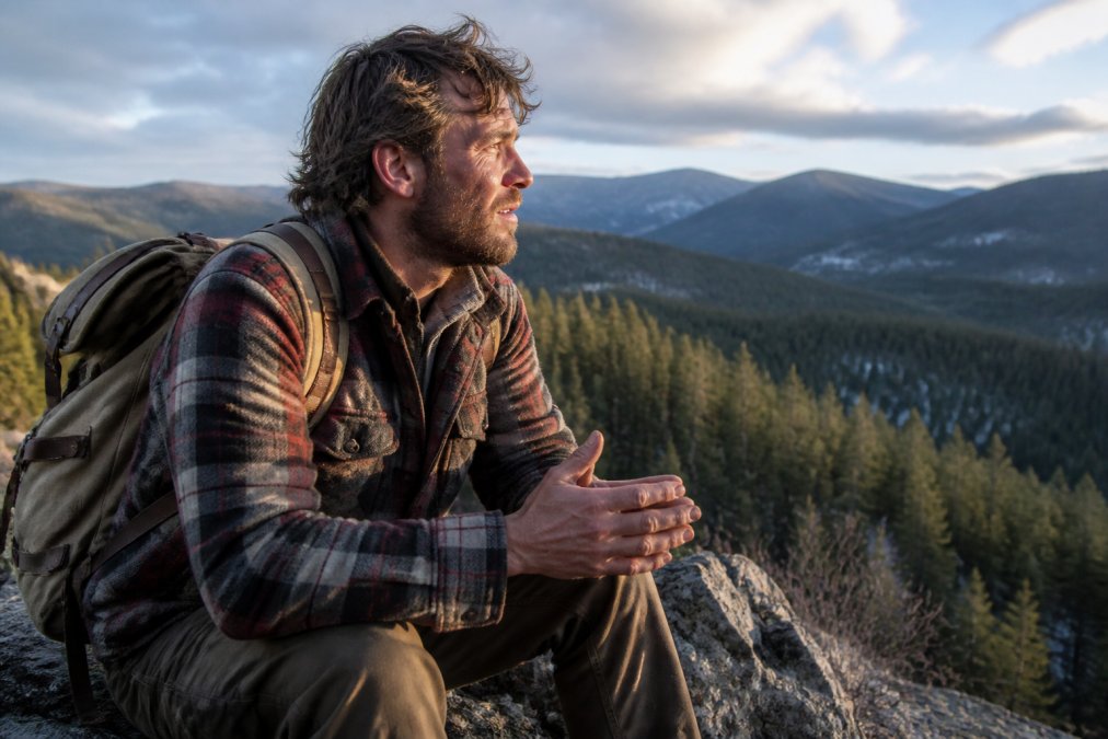 Hiker in a flannel shirt on a windy ridge needing heritage outdoor skin care for chapped hands and weathered skin.