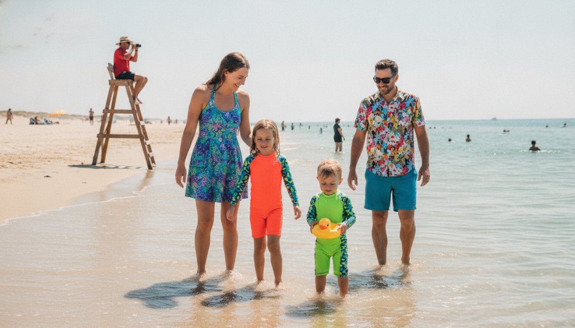 Children wearing bright neon and high-contrast swimsuits playing safely in a sparkling pool with parents supervising nearby from the deck, natural sunlight creating strong shadows