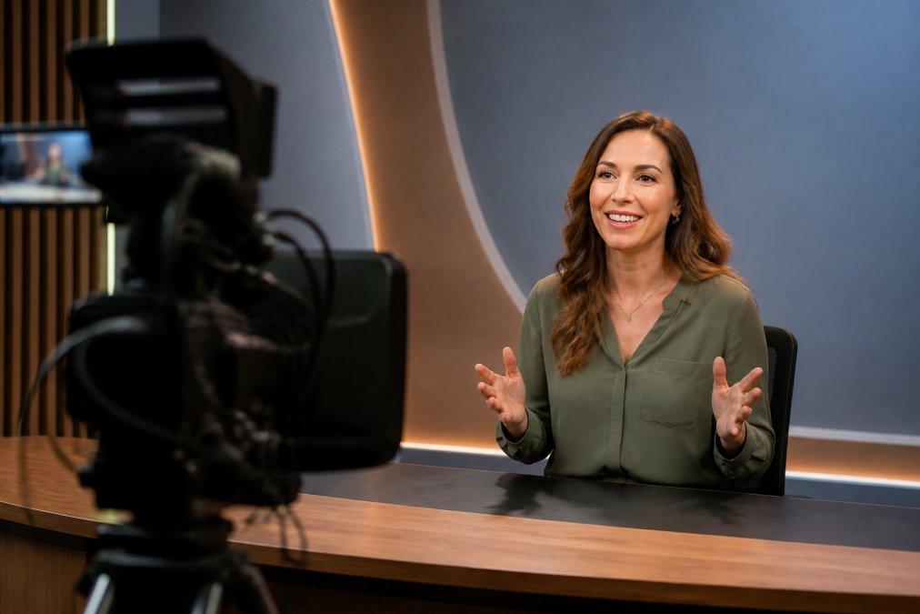 A presenter in a modern studio speaking to a large camera, with a monitor showing a grid of remote employees watching on laptops in different office settings