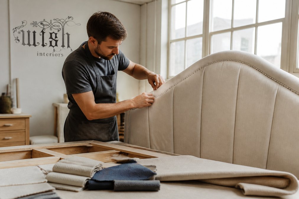 A craftsman's hands upholstering a curved headboard in a bright workshop, fabric swatches and a wooden frame visible on the bench, natural daylight through large windows