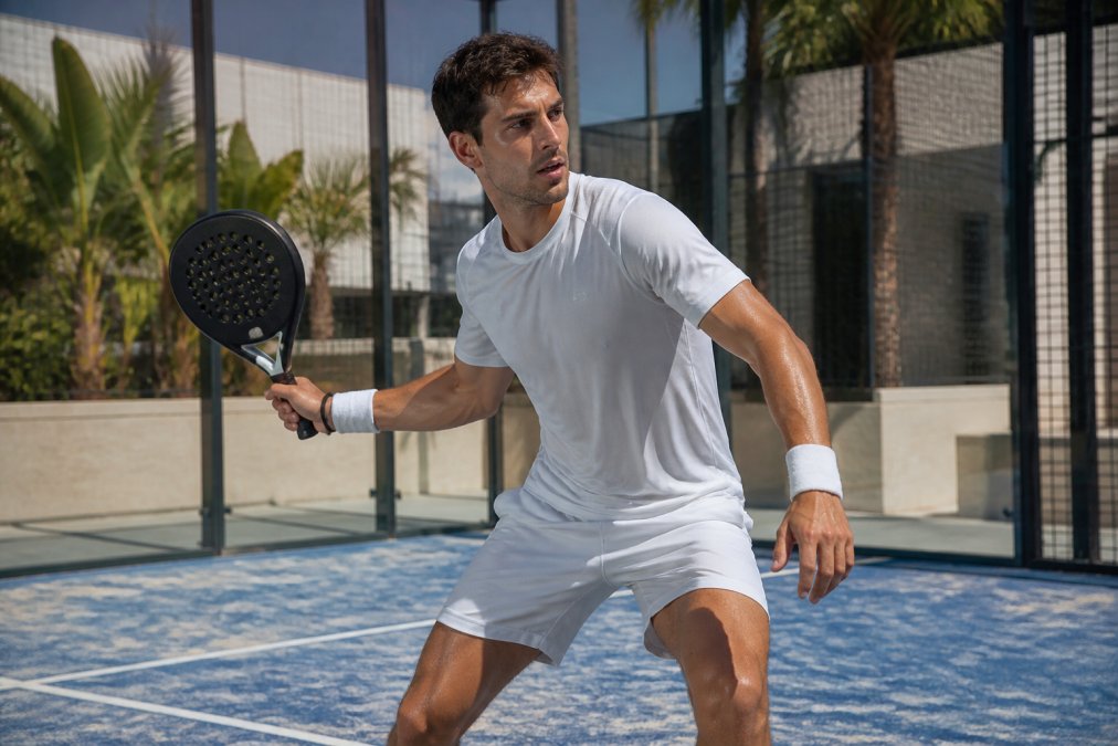 Padel player in action on court wearing high-performance moisture-wicking apparel, demonstrating dynamic movement and comfort during intense rally play, with clear visibility of the fabric's performance in a bright outdoor court setting