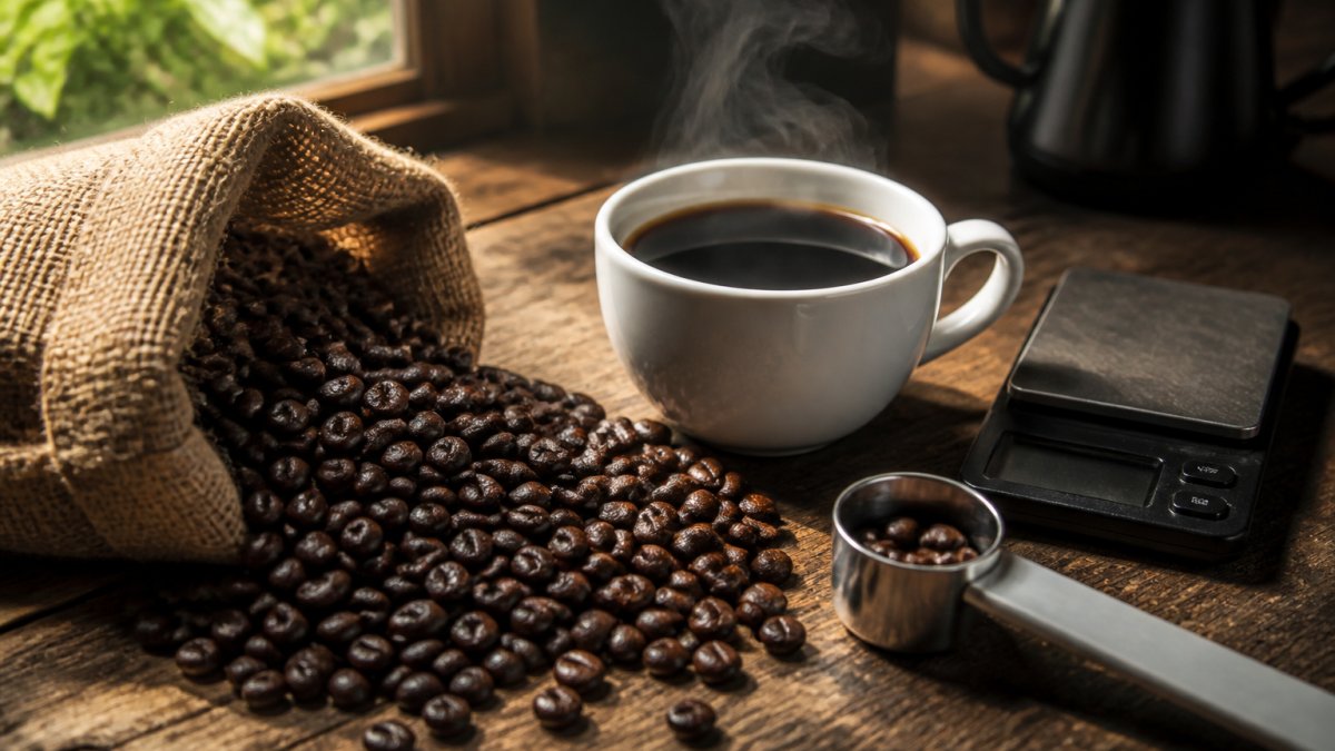 Close-up of dark roasted coffee beans spilling from a burlap sack beside a steaming black coffee in a white ceramic cup, a small digital scale and metal measuring scoop on a worn wooden countertop, warm morning light from a side window