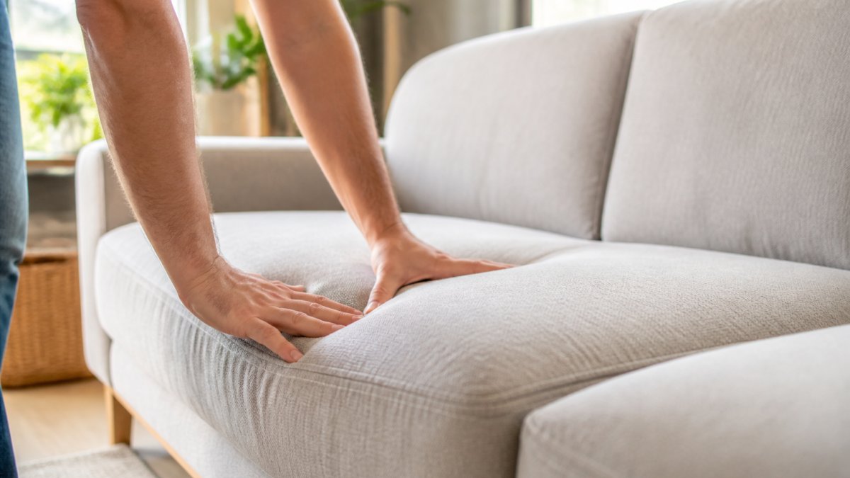 Close-up of hands pressing into a plush sofa seat cushion to show it springing back into shape, with a bright living room in the background