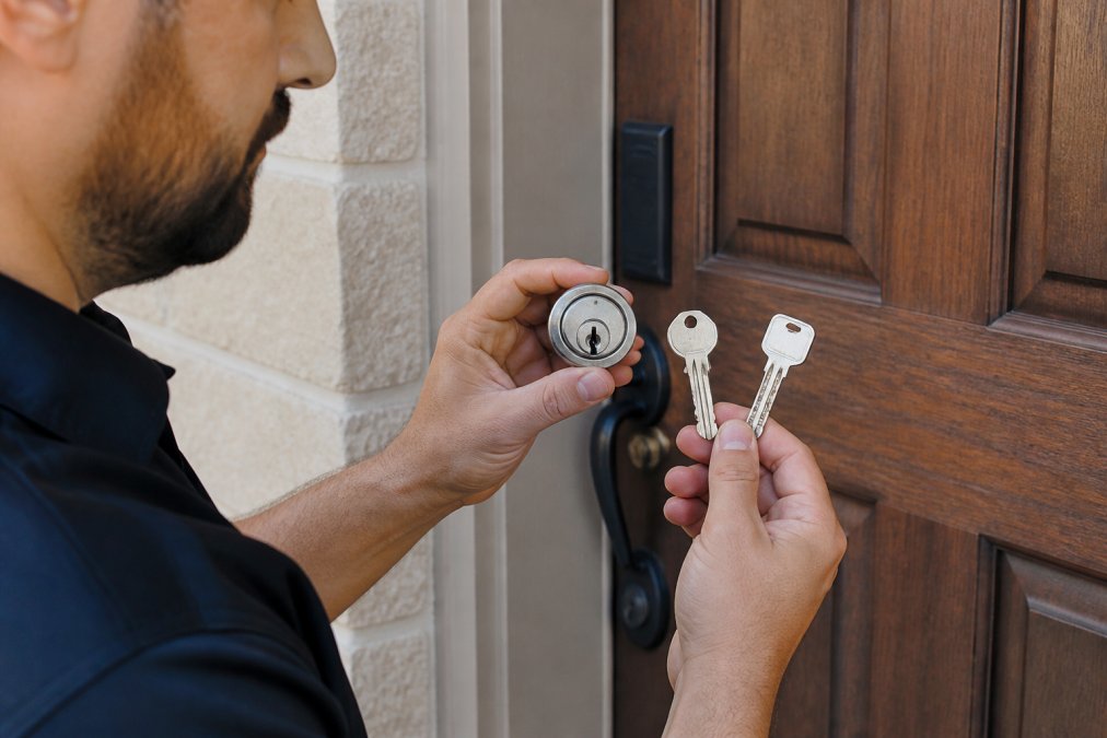 Close-up of a locksmith's hands holding a high-security deadbolt cylinder next to a standard key and a restricted keyway key, with a residential door in the background