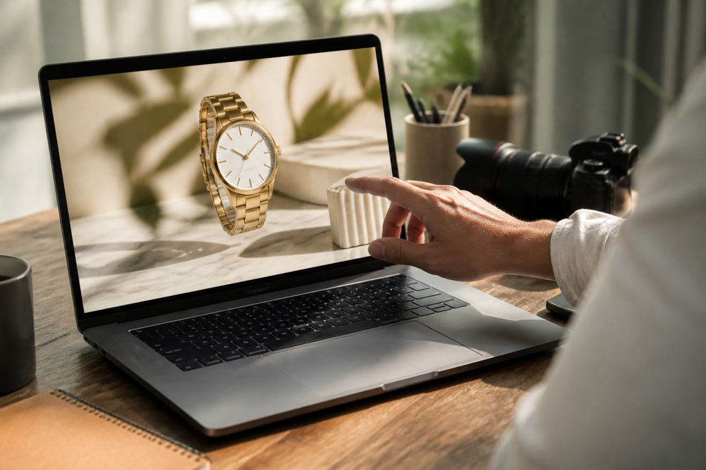 Professional product photograph displayed on a laptop screen with natural sunlight streaming across the workspace, showing sharp focus on polished product details and customer's hand reaching toward the screen