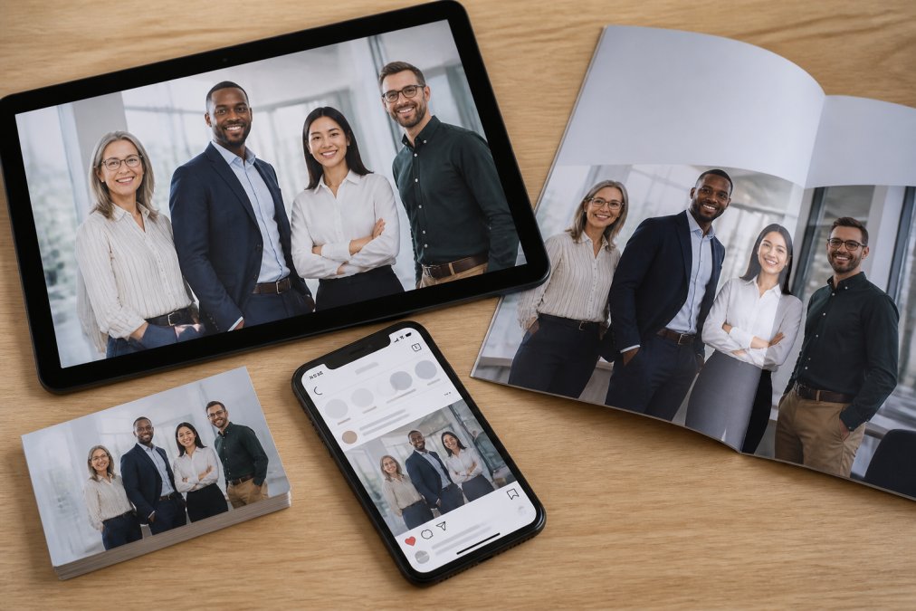 Brand's consistent visual identity displayed across multiple marketing materials: tablet showing website with professional team photo, printed brochure with matching imagery, and smartphone showing social media feed with cohesive photography style, all arranged on a light wooden surface