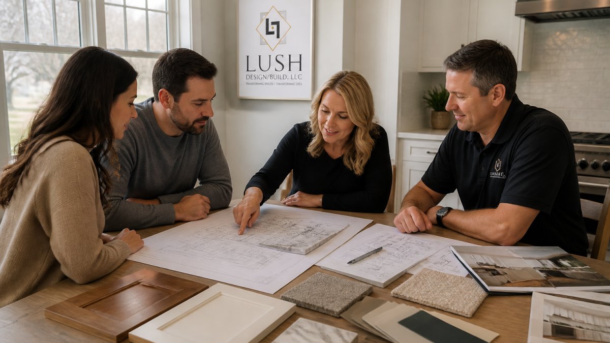 A designer and builder reviewing architectural drawings and material samples at a kitchen table with homeowners, morning light through windows, residential remodel planning scene