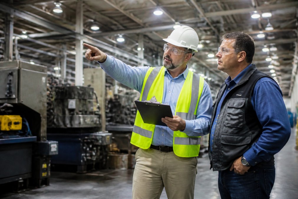 A safety consultant in a hard hat and safety vest inspecting a manufacturing floor with a clipboard and checklist, pointing out potential fire hazards to a facility manager, industrial lighting overhead