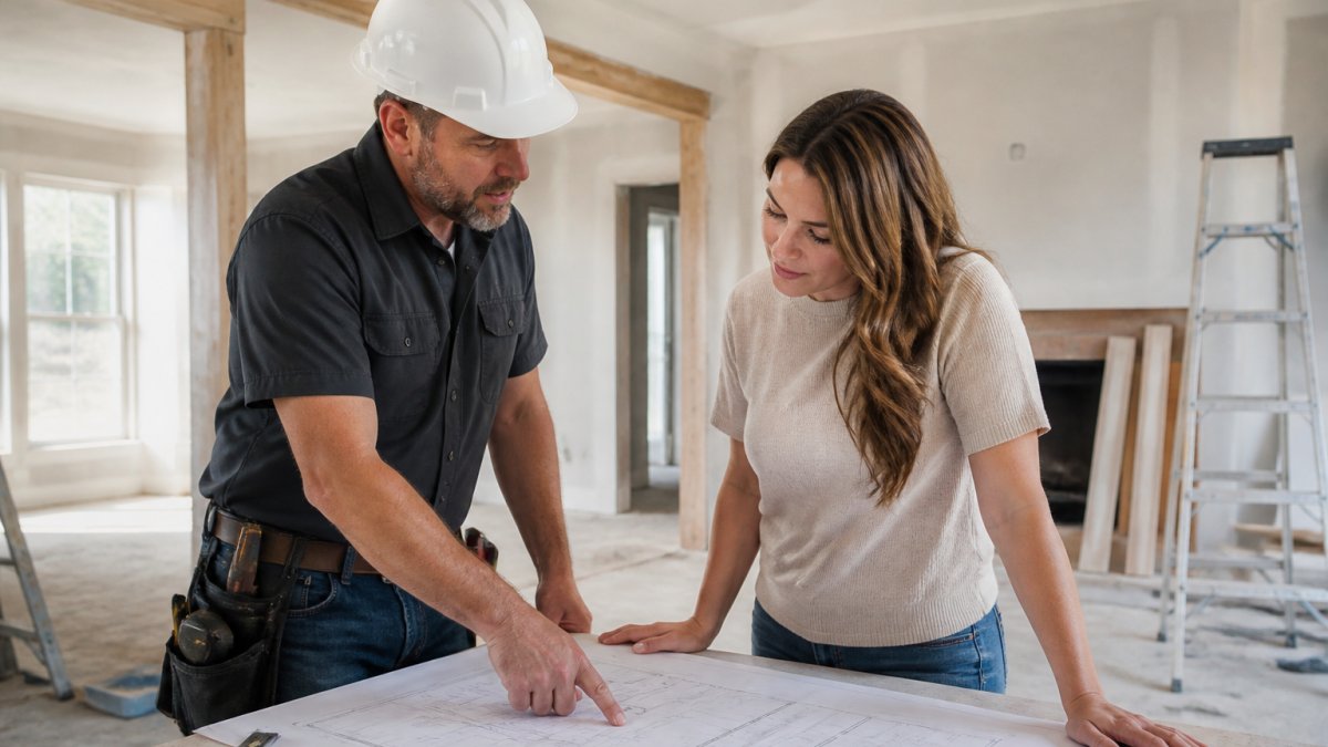 A construction project manager in a hard hat reviewing blueprints with a homeowner inside a home under renovation, pointing at plans and discussing details