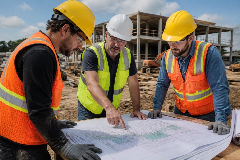 Construction project manager in hard hat and safety vest reviewing detailed blueprints with two team members on an active job site, pointing to plans while discussing next steps under natural daylight