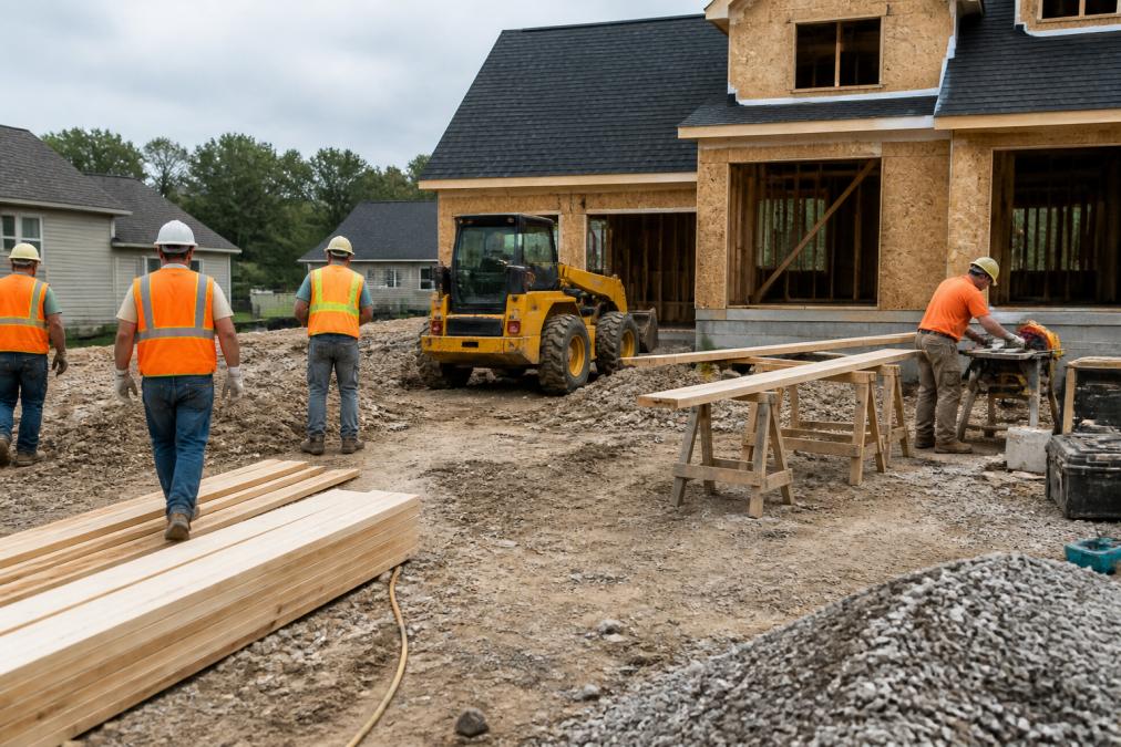 Construction workers in bright orange safety vests and hard hats working on a residential site, demonstrating proper safety protocols with equipment staged correctly and work area clearly organized