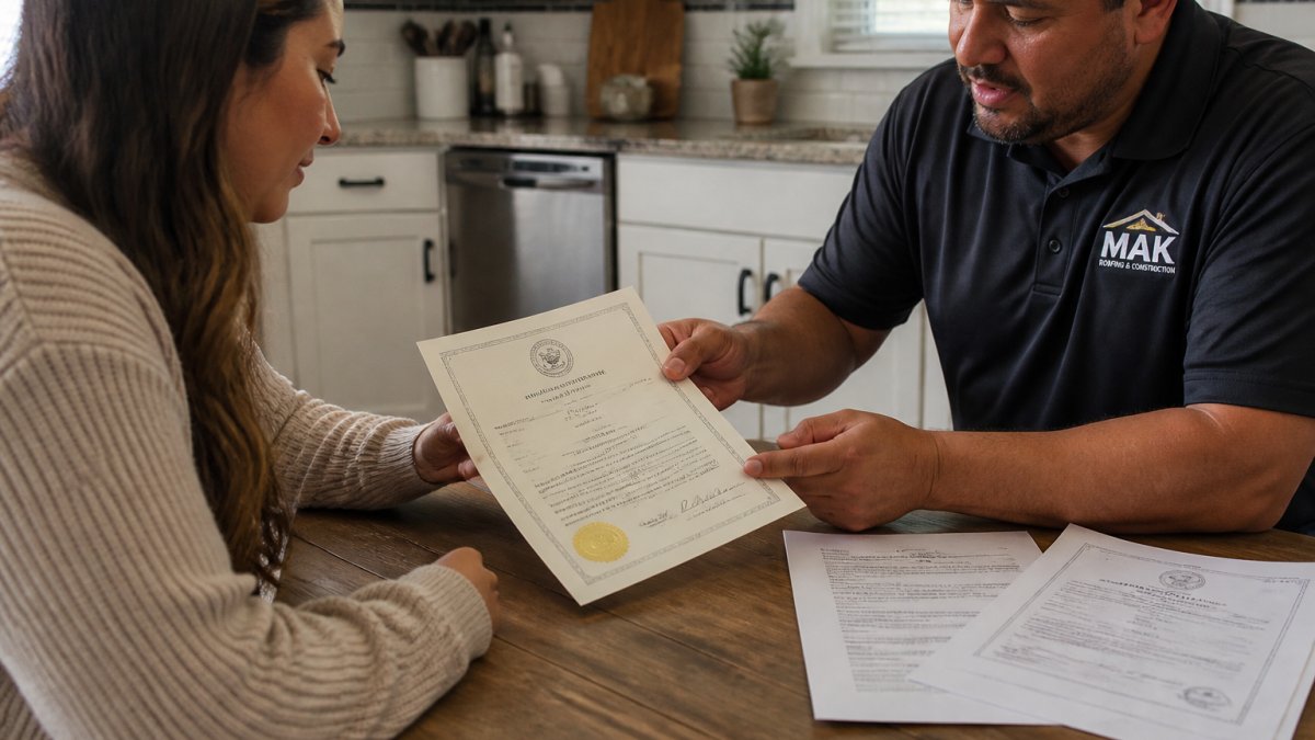 A homeowner and a contractor sitting at a kitchen table reviewing a printed license certificate and insurance documents together in a bright home