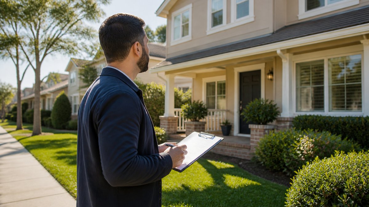 A property manager in business casual attire standing in front of a well-maintained single-family rental home, holding a clipboard and inspecting the exterior, with a residential neighborhood visible in the background under clear daylight