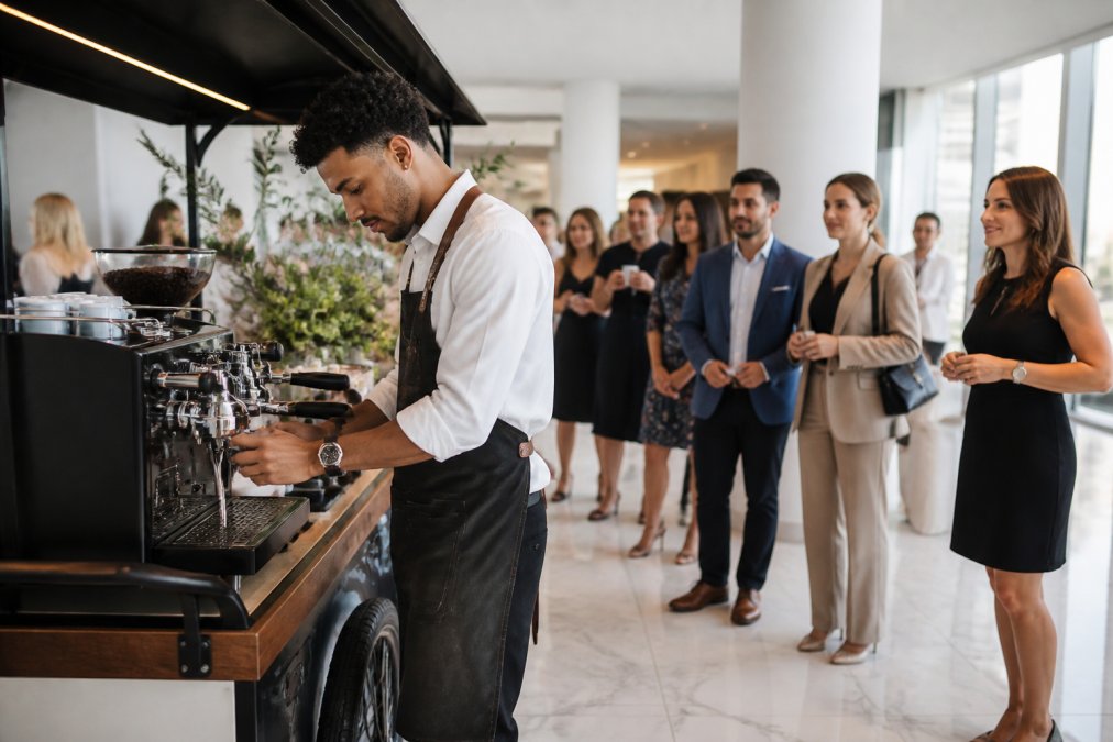Barista pulling espresso on a polished mobile espresso cart for guests in a bright modern event lobby