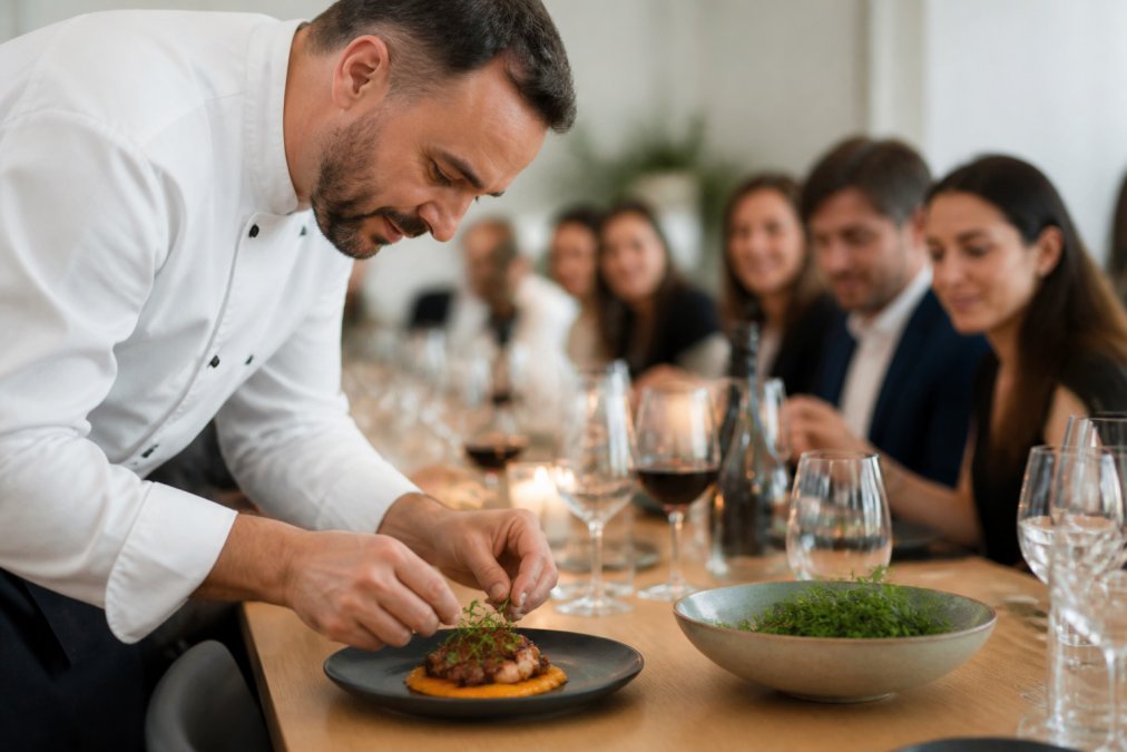 Professional chef plating an elegantly arranged dish at a corporate dining table with guests visible in soft focus in the background enjoying their meal