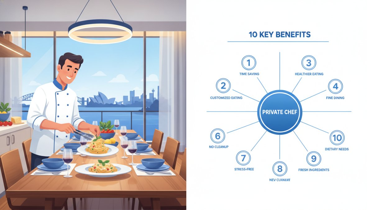 A professional private chef in a white chef's coat plating an elegant multi-course Italian dish at a beautifully set dining table inside a modern Sydney home, with warm ambient lighting and fresh ingredients arranged on the kitchen counter beside him