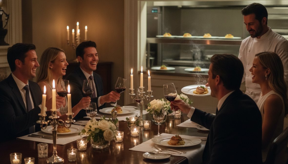 A group of elegantly dressed guests laughing and raising wine glasses at a candlelit dinner party inside a Sydney home, while a chef in a white coat serves a freshly plated gourmet course in the warm background