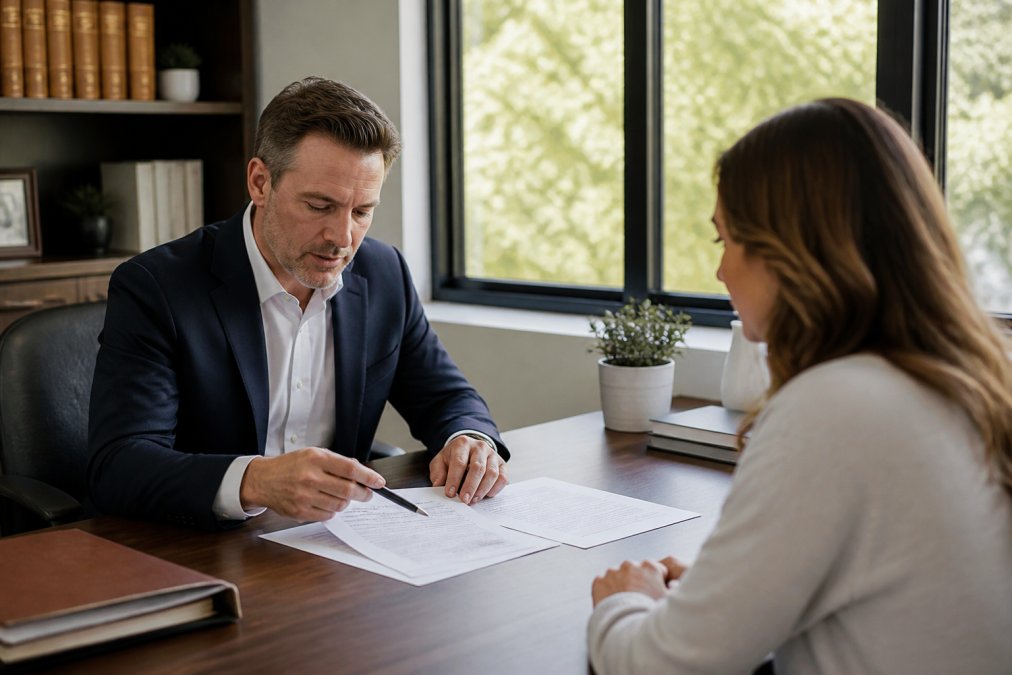 Real estate attorney reviewing a purchase agreement with a client seated across a desk in a professional office, documents spread between them, natural light from windows