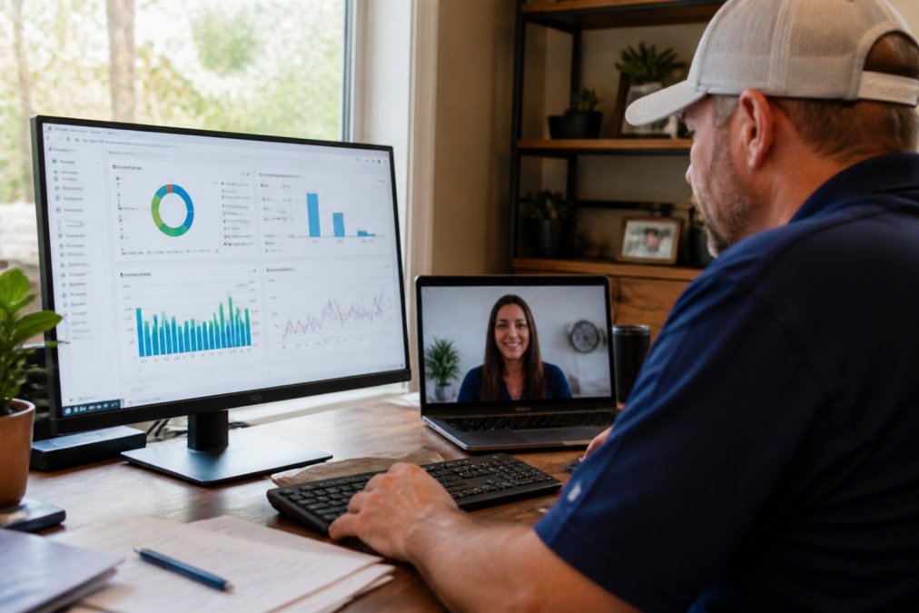 Home service business owner reviewing marketing dashboard and analytics with remote team member visible on laptop screen during video call, showing real-time performance metrics