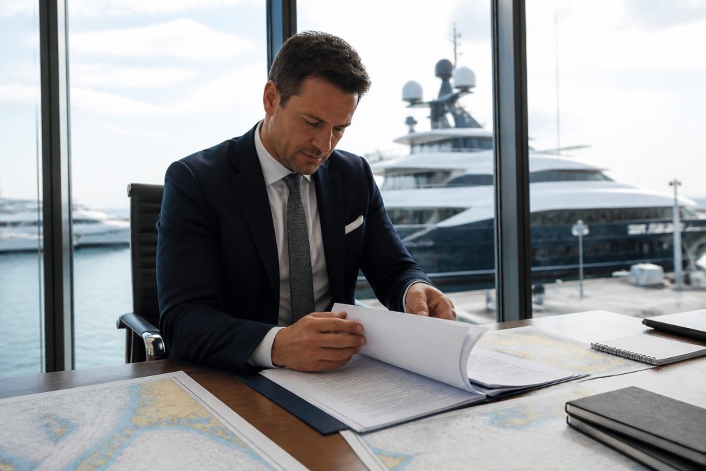 Professional yacht broker in business attire reviewing vessel documentation and maritime charts at a modern waterfront office desk with a superyacht visible through the floor-to-ceiling window behind them