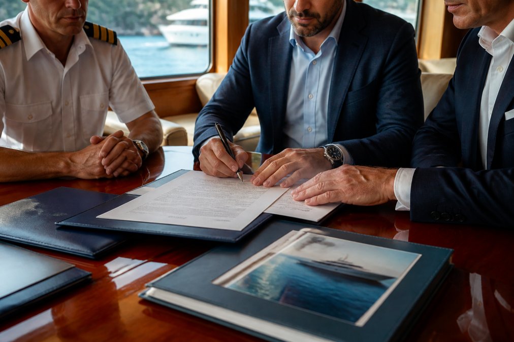 Close-up of hands signing a formal maritime purchase agreement with a yacht captain and professional broker present in a formal waterfront office setting with vessel documentation visible on the desk