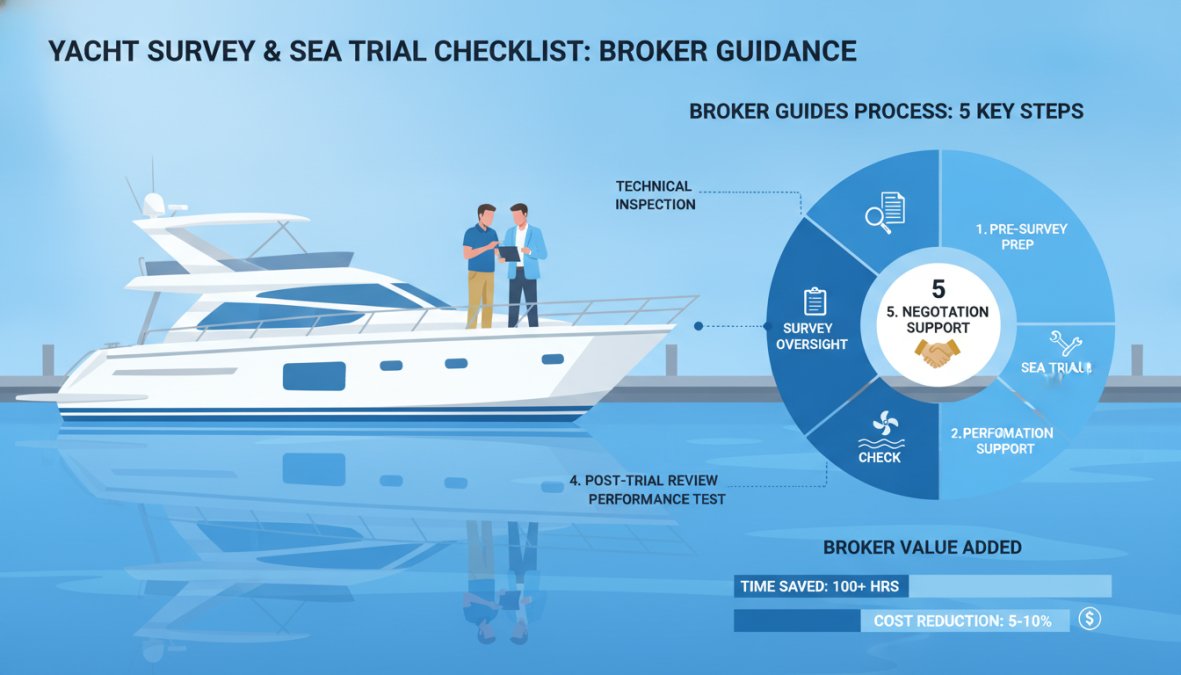 Visual roadmap for A marine surveyor and yacht broker reviewing documents on a clipboard aboard a sleek white [motor...