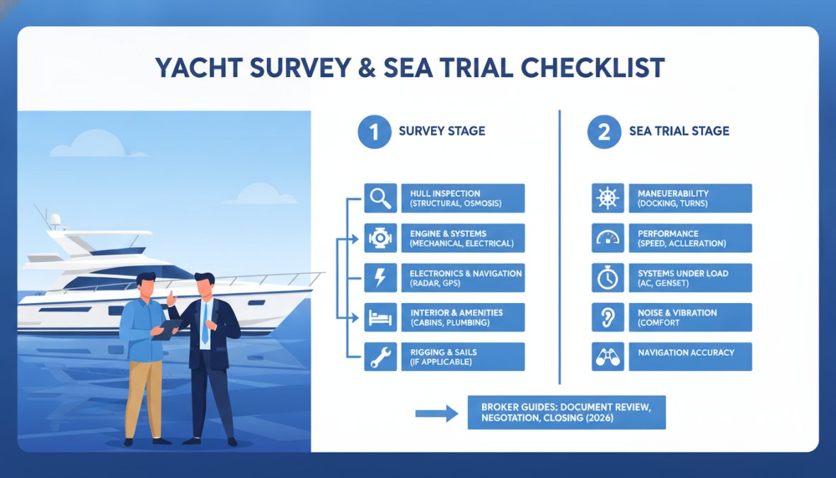 Visual roadmap for A marine surveyor and yacht broker reviewing documents on a clipboard aboard a sleek white [motor...