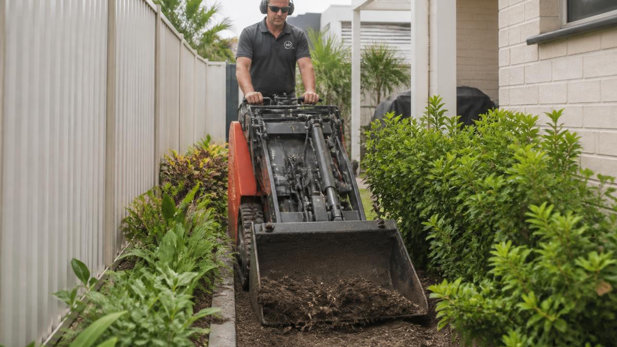 Homeowner operating a compact Kanga mini loader in a residential backyard narrow side access area, showing the machine's practical scale and manoeuvrability between garden beds and fencing