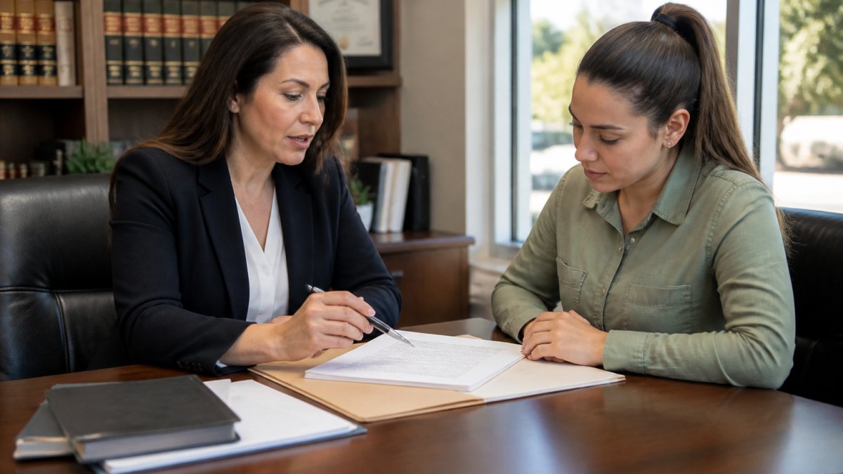 Immigration attorney reviewing N-400 application documents with a client in a modern law office