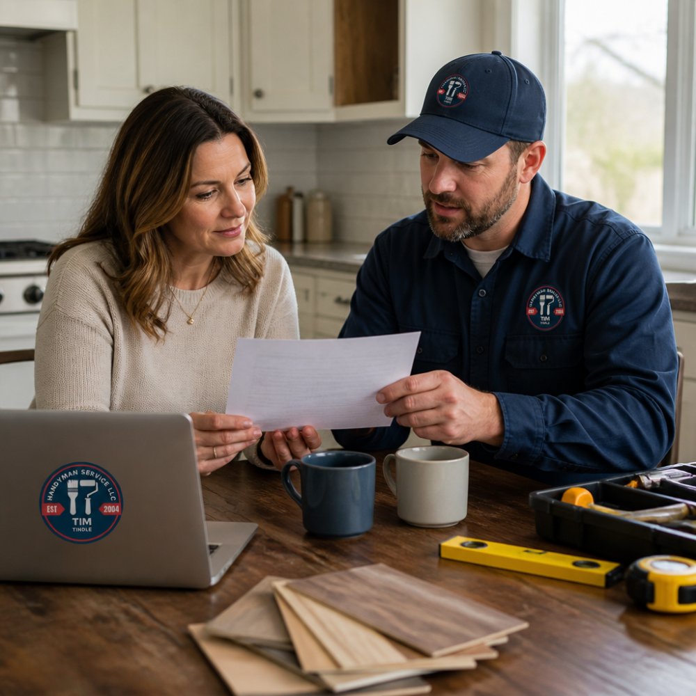 A homeowner and a handyman in work clothes reviewing a certificate of insurance at a kitchen table, with a laptop and coffee mugs nearby, natural light from a window