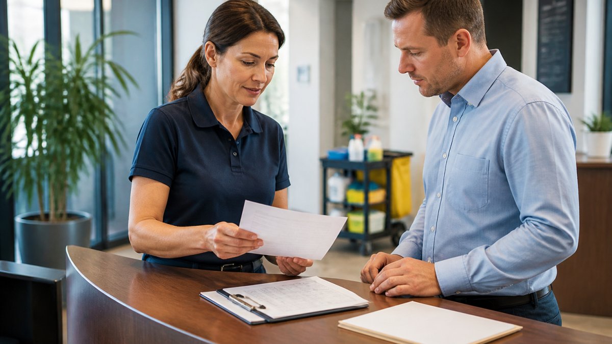 Cleaning supervisor showing insurance documents to a client with bonded cleaning staff in a bright office.