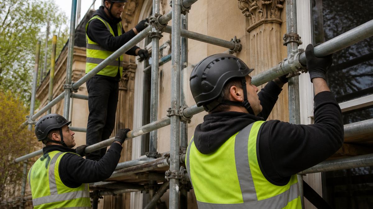 Professional scaffolding crew working together on a period property, with team members securing metal poles and cross-braces, demonstrating coordinated safety protocols and proper equipment handling on site