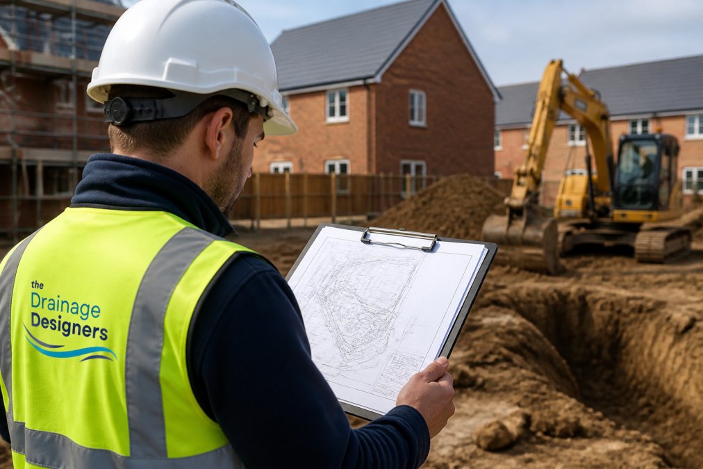 A drainage consultant in a high-visibility vest examining a technical drawing on a clipboard while standing on a residential building site, with a digger visible in the background