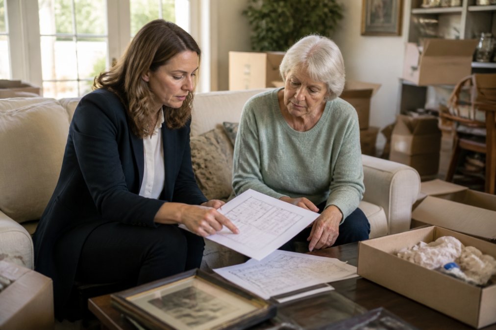 Professional move manager and adult children reviewing floor plan and inventory list in home with boxes and personal belongings, natural afternoon light