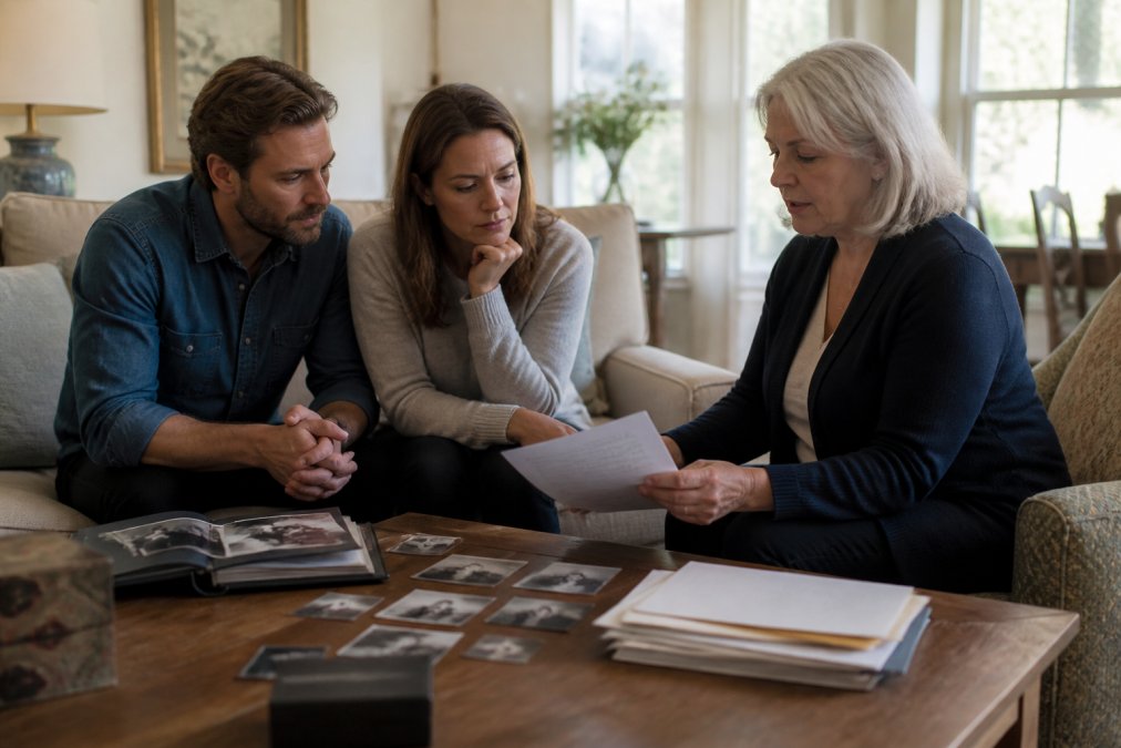 Adult children and compassionate professional sitting in living room reviewing documents and family photos, warm natural light from windows