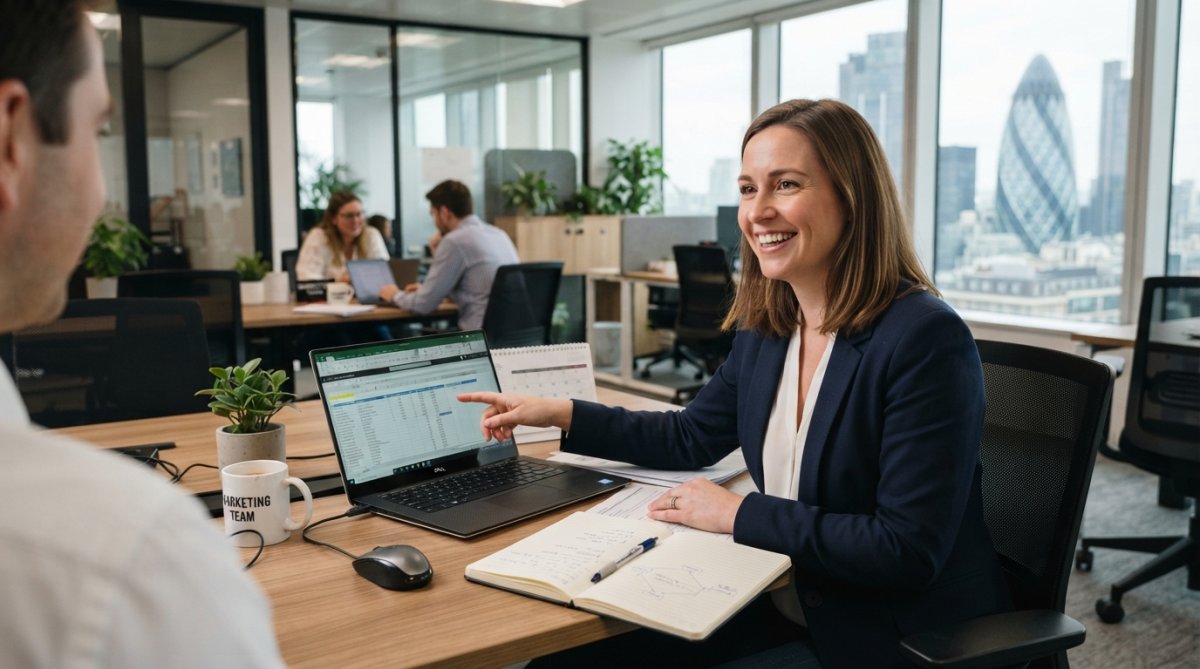 Marketing professional reviewing analytics dashboard with team member in modern office, natural window lighting, collaborative workspace