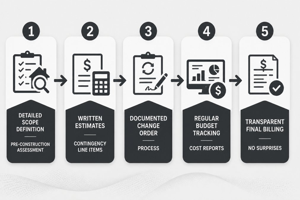 Flowchart showing 5 steps to prevent cost overruns: Step 1 - Detailed scope definition and pre-construction assessment, Step 2 - Written estimates with contingency line items, Step 3 - Documented change order process, Step 4 - Regular budget tracking and cost reports, Step 5 - Transparent final billing with no surprises