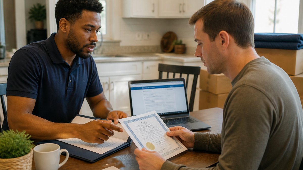 Infographic illustrating the process for verifying insured movers using documentation and online checks