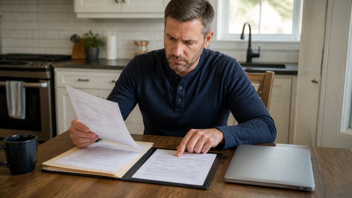 Homeowner reviewing contractor insurance certificates and licensing documents at kitchen table with laptop and organized paperwork