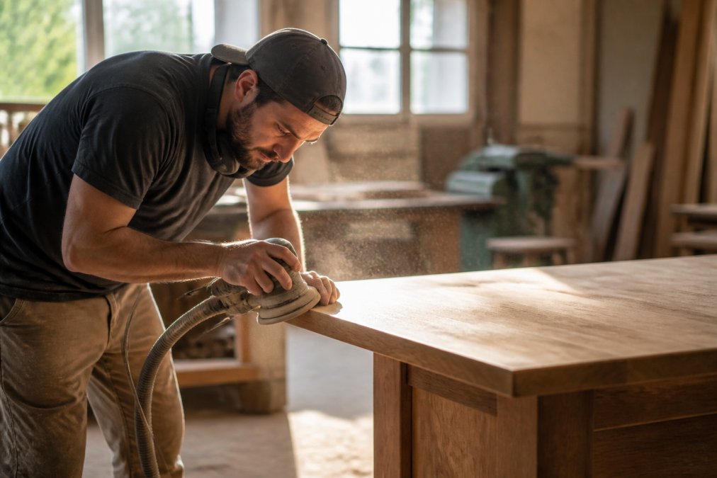 A skilled carpenter in a sunlit workshop carefully sanding the edge of a solid oak table, fine sawdust particles glowing in the light