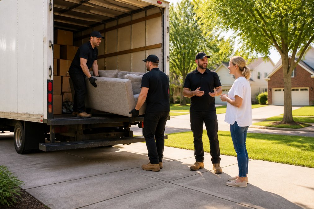 Local haulers loading a sofa and boxes into a truck while talking to a homeowner in a sunny driveway.