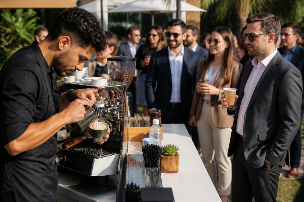 Professional barista preparing specialty latte with latte art at a mobile espresso cart while guests in business casual attire wait in line at an elegant outdoor corporate event, with branded signage visible in soft afternoon lighting