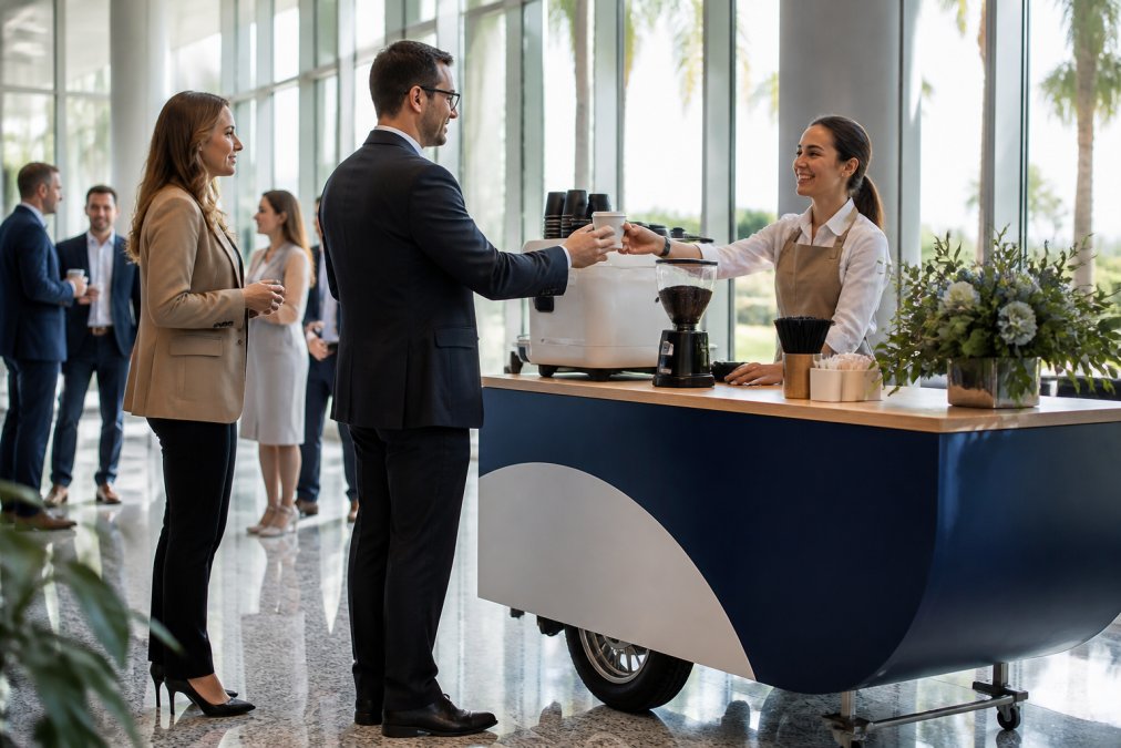 Branded mobile coffee cart with company logo and colors set up at a corporate office lobby event, with employees in professional attire ordering and receiving drinks from a smiling barista, natural light streaming through large windows